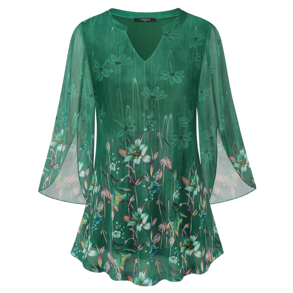 Valolia Floral Mesh Split Bell Sleeves V-Neck Tunic Top Whimsical Fairy Size XL